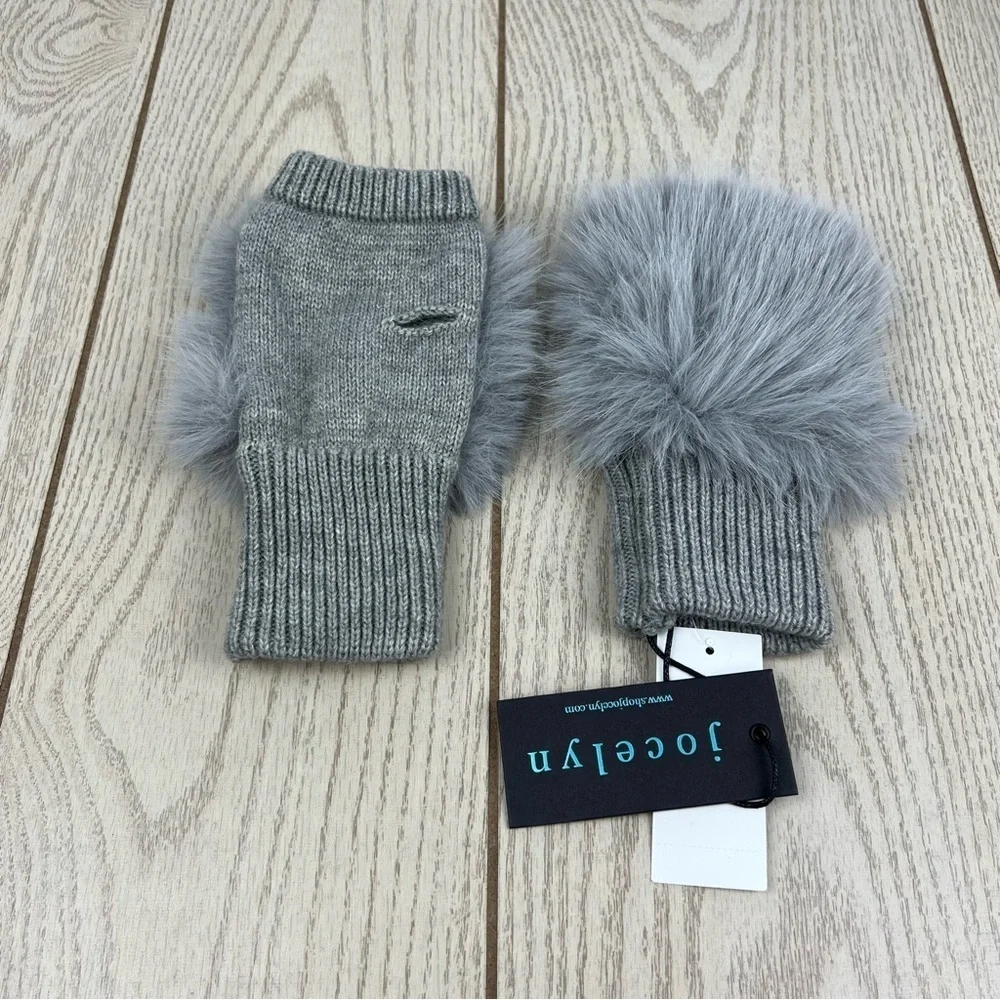 Jocelyn Faux Fox Knit Fingerless Mittens OS Light Gray $55